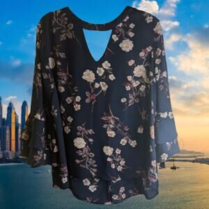 Krazy Kat XL long bell sleeve v neck blue floral polyester woman's top.